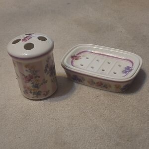 Laura Ashley Floral Ceramic Bath Set - 2 Piece Soap Dish & Toothbrush Holder